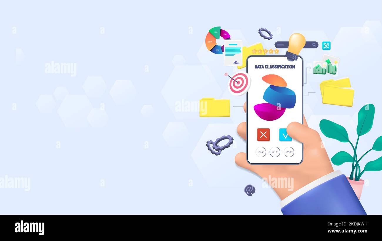 3D applicazione di gestione dei file. Classificazione e gestione dei dati online tramite smartphone Illustrazione Vettoriale