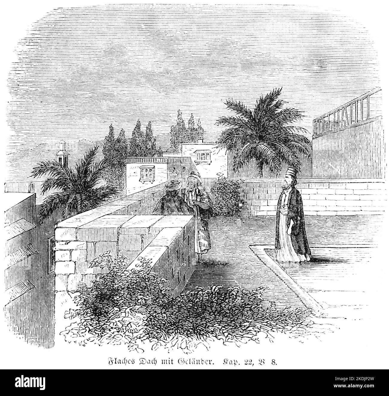 In una casa nuova, fate una merlatura sul tetto, flaches Dach mit Geländer, Bibbia, Antico Testamento, Quinto Libro Mosè, Capitolo 22 , Verso 8, Foto Stock