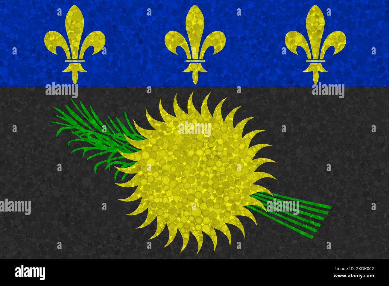 Bandiera della Guadalupa sulla consistenza del polistirolo. Bandiera nazionale dipinta sulla superficie del polistirolo Foto Stock