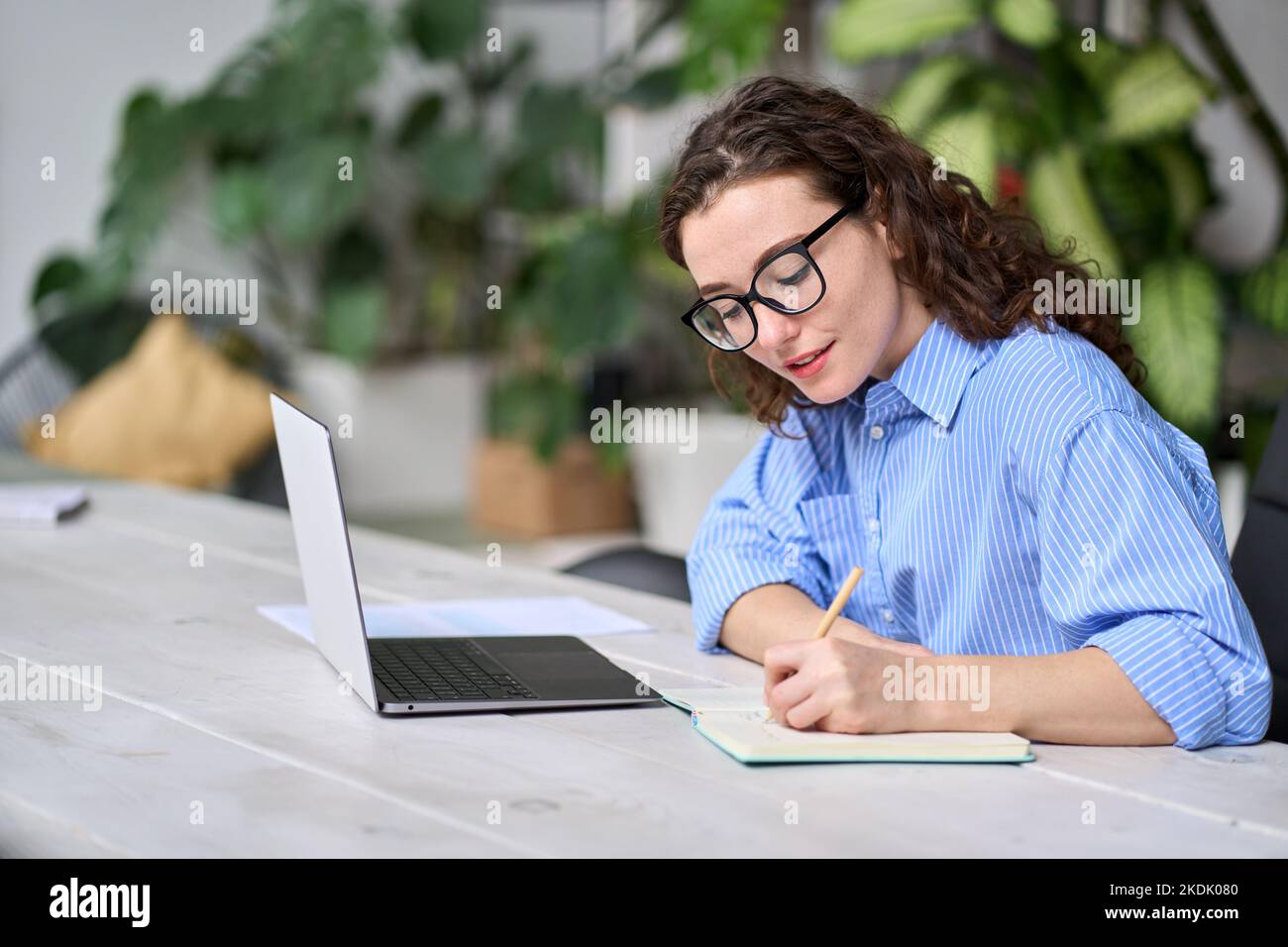 Giovane donna d'affari che scrive appunti lavorando alla scrivania con un computer portatile. Foto Stock