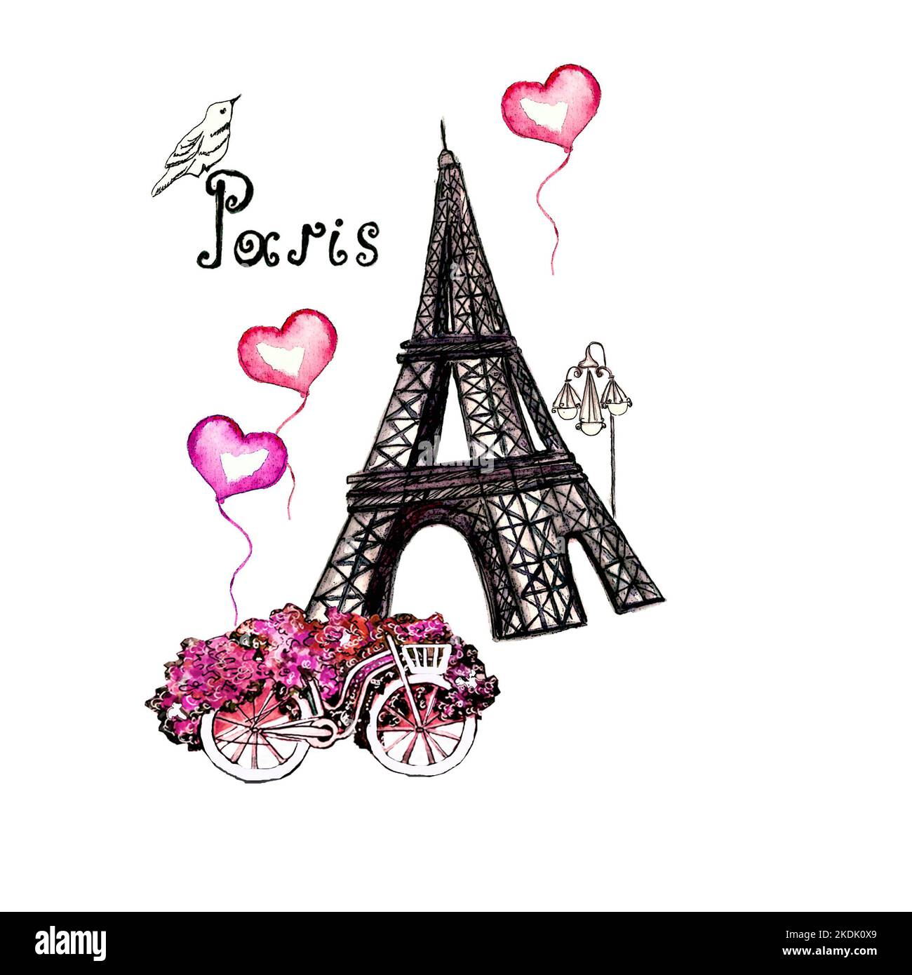 Acquerello disegnato a mano vintage Parigi Illustrations.Romantic, San Valentino.disegno disegnato a mano doodle sketch,Love composizione rosa collezioni.retro cartolina Foto Stock