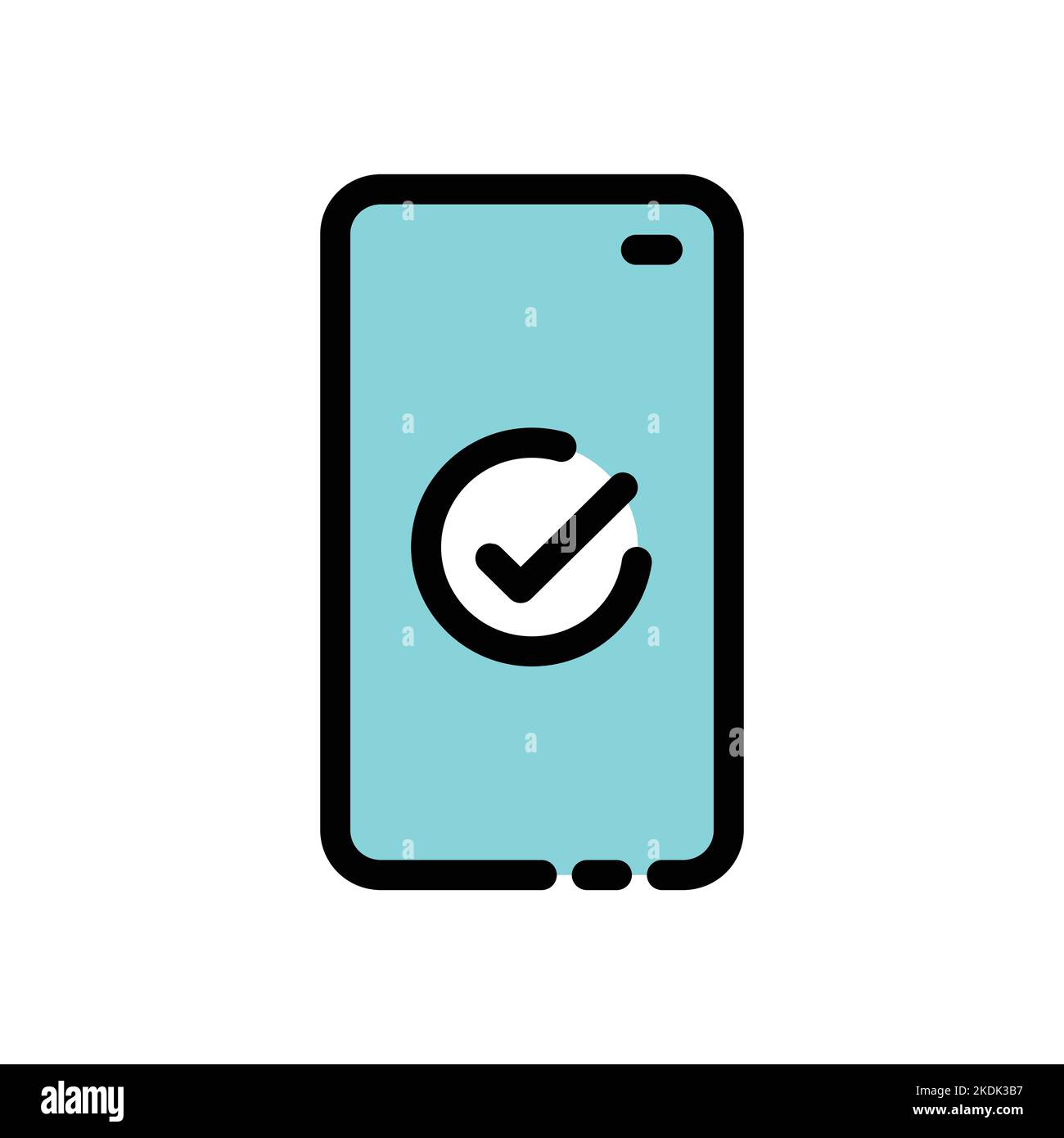 Smartphone e icona a linea colorata con il segno di spunta. Notifica tick approvata Illustrazione Vettoriale