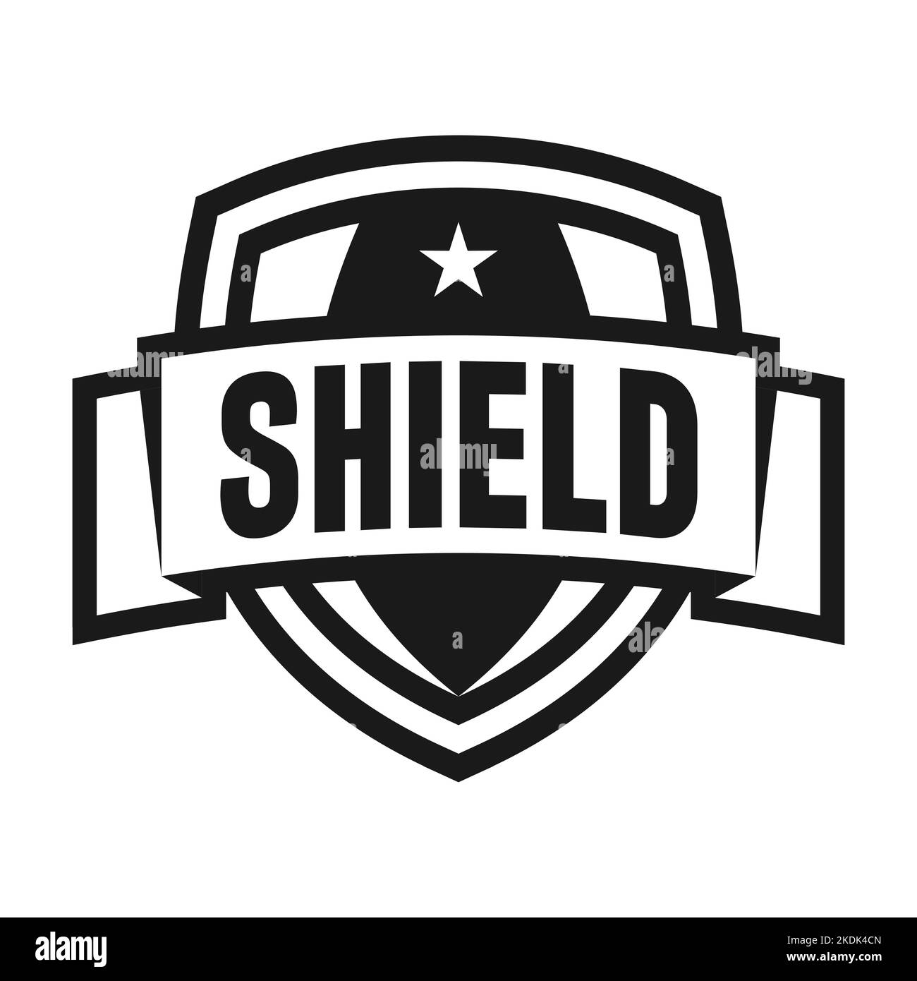 Modello con logo Shield con una stella. Sport team emblema semplice con nastro e posto per il testo. Badge monocromatico di forma retrò. Illustrazione vettoriale. Illustrazione Vettoriale