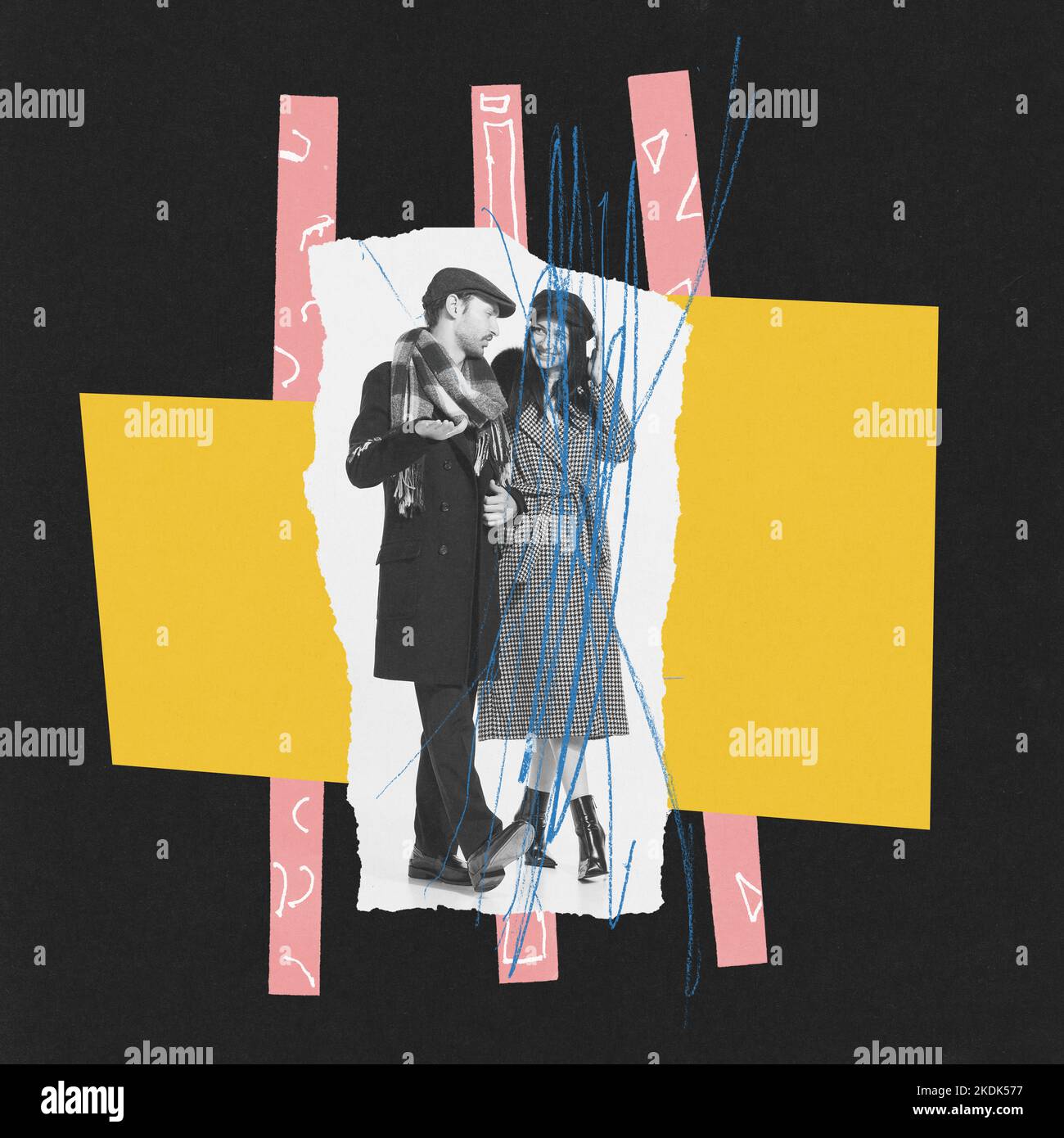 Collage d'arte contemporanea. Ritratto di giovane coppia che cammina insieme. Donna dipinta con pastello. Rottura, fine dell'amore Foto Stock