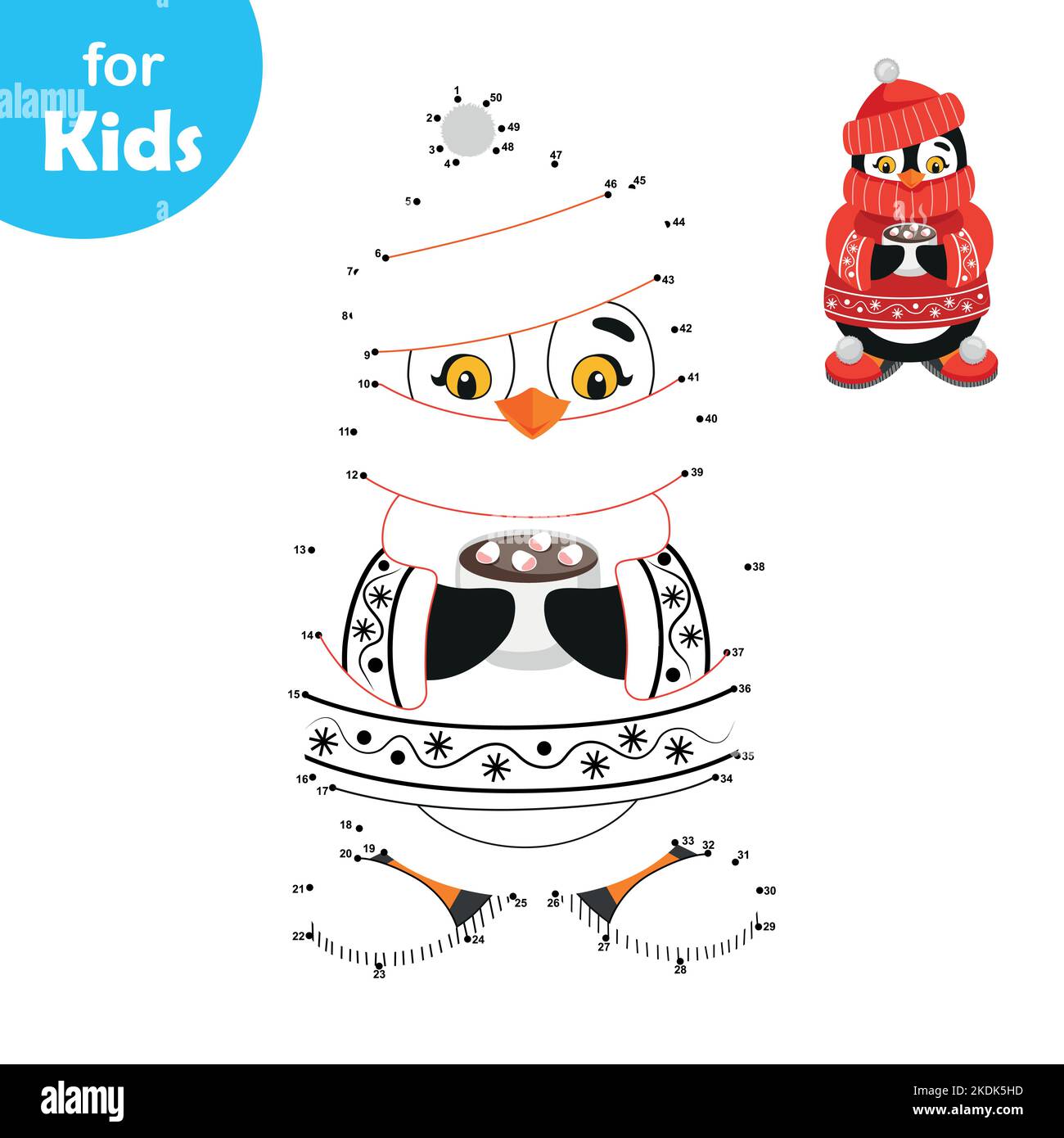 Punto per punto. Pinguino in maglione e una tazza di cacao. Gioco educativo per bambini Illustrazione Vettoriale