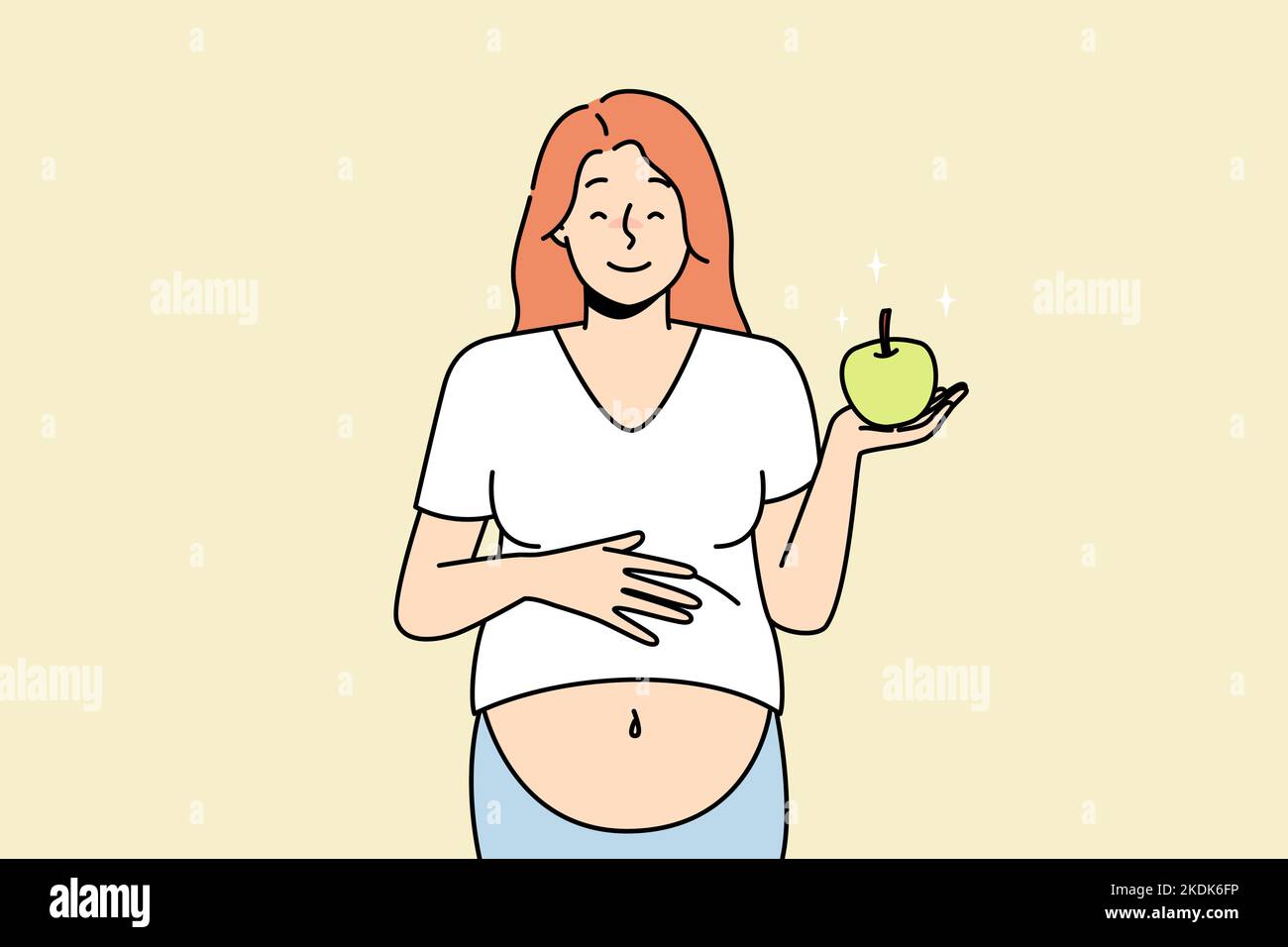 Donna incinta sorridente con mela. Vettore sorridente giovane donna incinta che tiene mela raccomandare una dieta sana. Felice femmina seguire gravidanza nutrizione mangiare frutti. Illustrazione vettoriale. Illustrazione Vettoriale