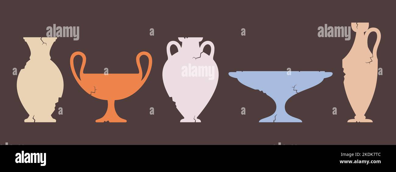 Set di silhouette in vaso rotte. Diverse anfore greche cracked antico. Varie forme e forme di vasetto o vaso di ceramica antico. Ceramica di argilla vecchia Illustrazione Vettoriale