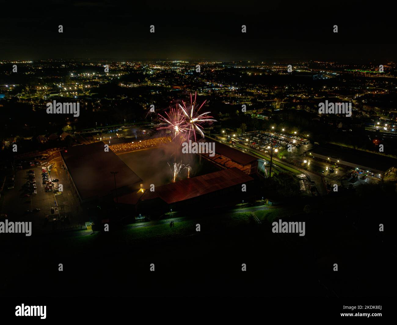 Vale Park, Port vale Football Club Aerial Drone lunga esposizione Foto dello spettacolo dei fuochi d'artificio 2022 Foto Stock