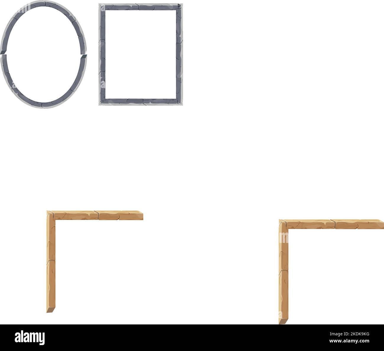 Set cornice in mattoni di pietra, ovale antico medievale in stile cartone animato, isolato su sfondo bianco. Decorazione del gioco, menu. Illustrazione vettoriale Illustrazione Vettoriale
