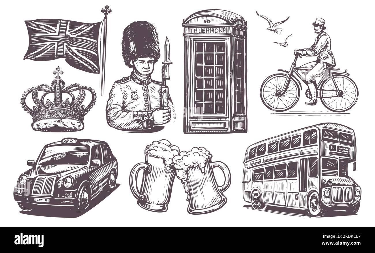 Concetto del Regno Unito. Illustrazione vettoriale. Set di elementi di design sul tema di Londra Illustrazione Vettoriale