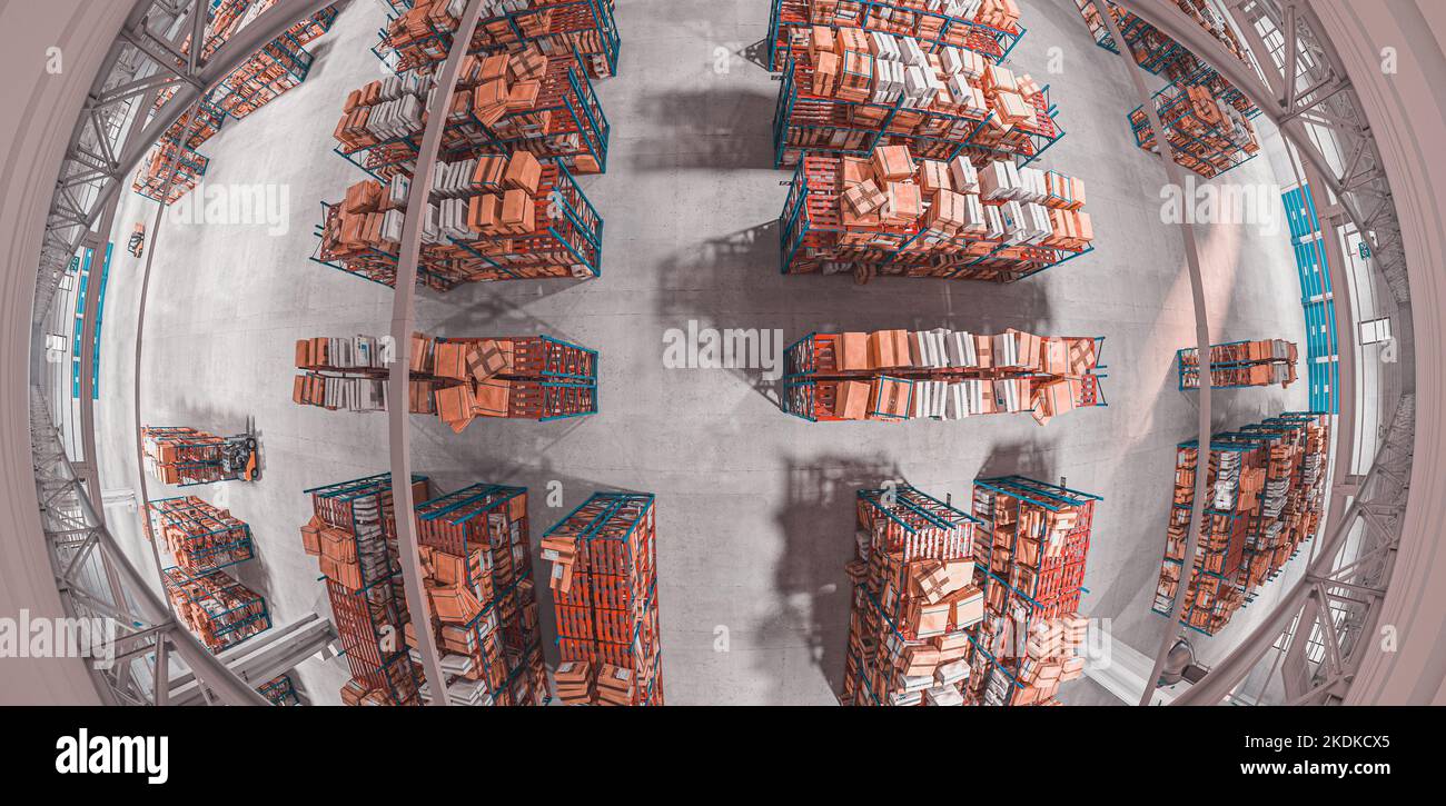 vista fisheye di un magazzino industriale. rendering 3d Foto Stock