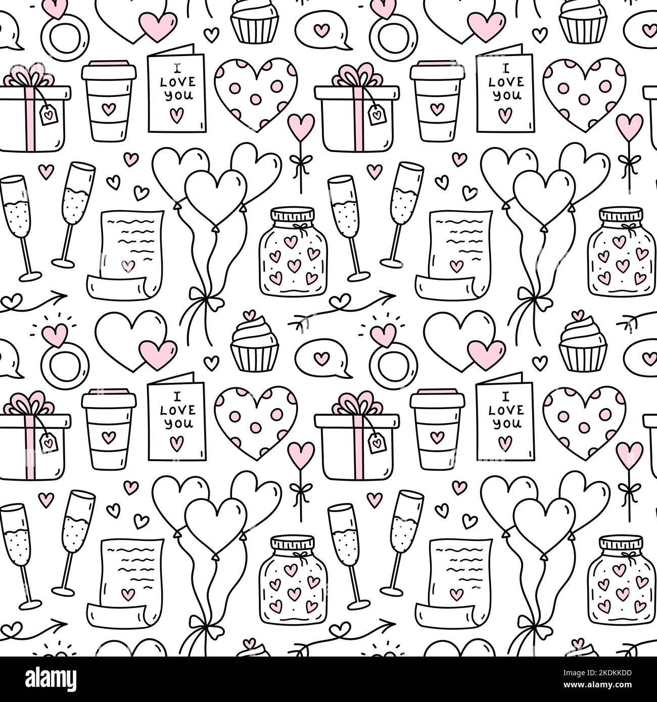 Motivo perfetto per San Valentino con cuori, palloncini, regali, champagne, lettere d'amore. Disegno vettoriale a mano doodle illustrazione. Illustrazione Vettoriale