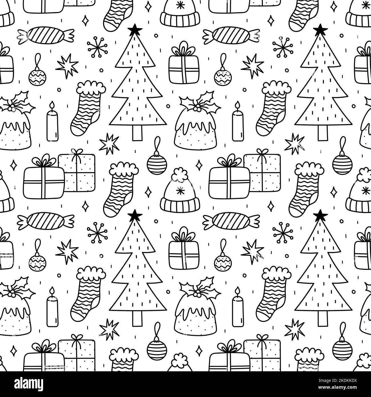Cute xmas senza cuciture modello con regali, baubles, budino di Natale, abete, calze, candele, caramelle, fiocchi di neve, stelle. Vettore mano-disegnata doodle Illustrazione Vettoriale Cute xmas senza cuciture modello con regali, baubles, budino di Natale, abete, calze, candele, caramelle, fiocchi di neve, stelle. Vettore mano-disegnata doodle Illustrazione Vettoriale