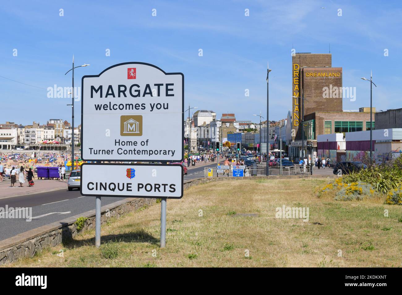 Cartello stradale Margate - Margate vi dà il benvenuto, Margate, Kent, Inghilterra, Regno Unito Foto Stock