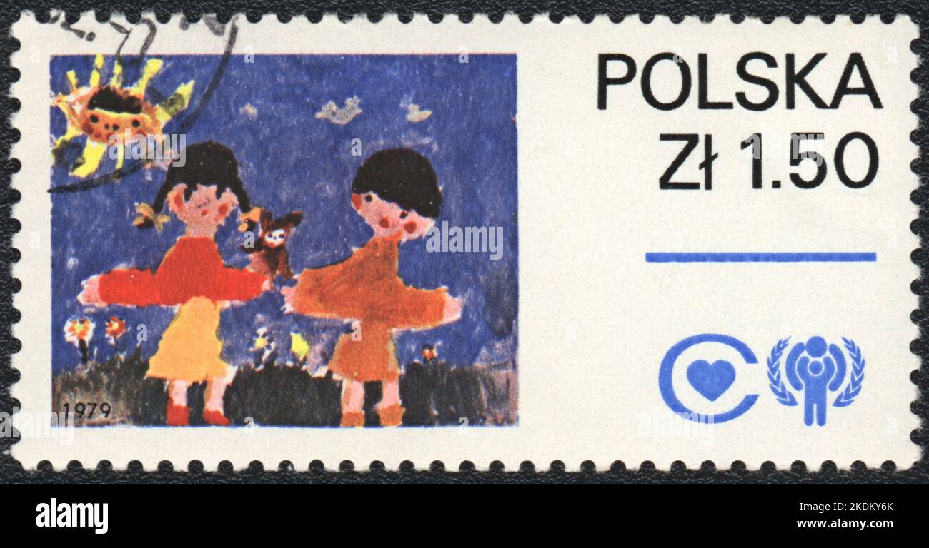 Un francobollo stampato in Polonia mostra ragazzo e ragazza, dalla serie immagine dipinta da un bambino, Polonia 1979 Foto Stock