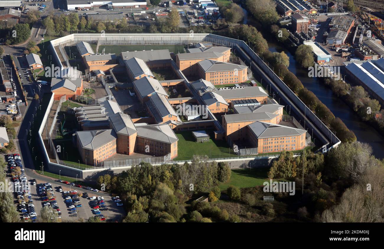 Veduta aerea della prigione di Doncaster, o per dare il suo titolo corretto: HMP & YOI Doncaster, South Yorkshire Foto Stock