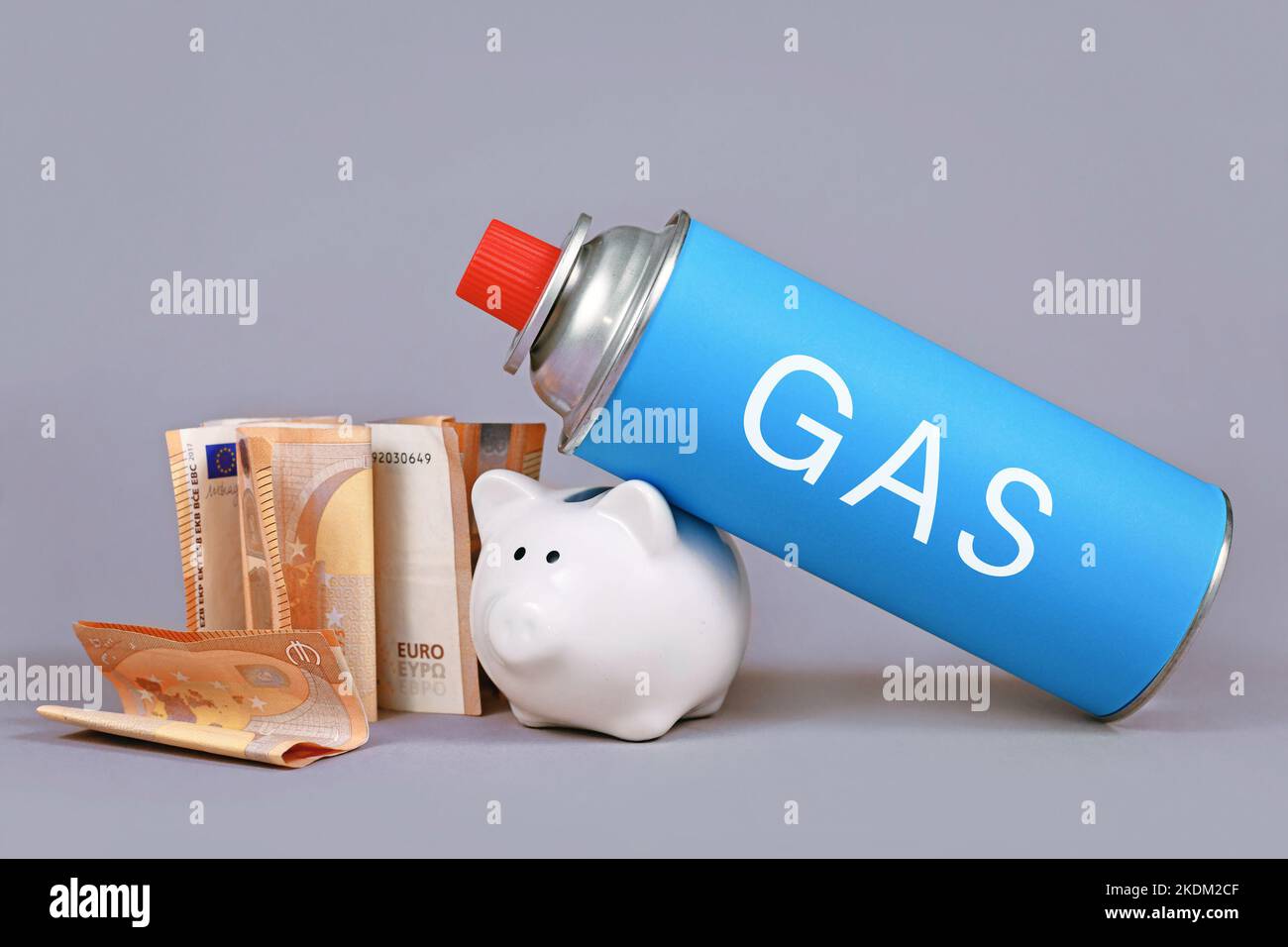 Bottiglia per cartuccia di gas con salvadanaio e bollette in euro. Concetto per il risparmio di gas. Foto Stock