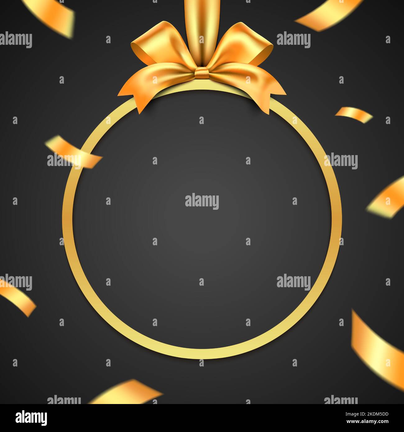 Cornice circolare Golden Gift Box con arco e nastro esploso su sfondo nero. Carta regalo di lusso design vettoriale. Illustrazione Vettoriale
