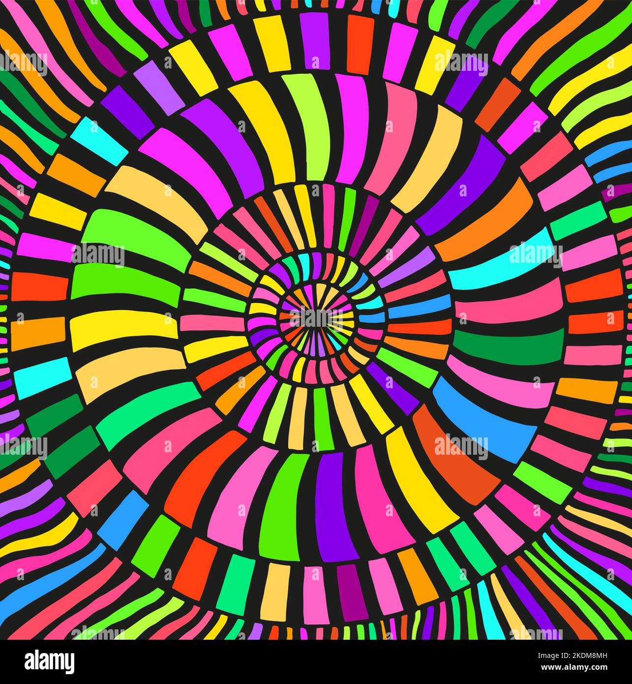 Arcobaleno modello colorato psichedelico con molti cerchi di strisce onde tabby. Arte fantastica con texture decorative. Modello surreale del doodle. Illustrazione Vettoriale