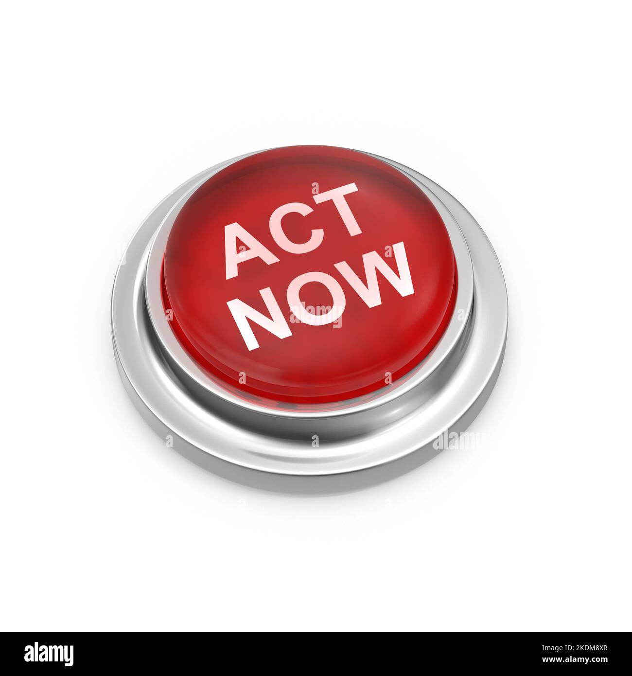 Red Button Act Now , si tratta di un'immagine generata dal computer con rendering 3D. Isolato su bianco. Foto Stock