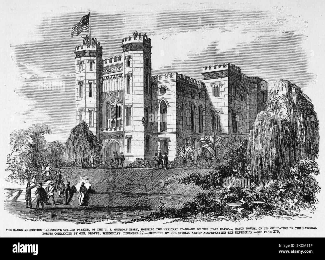 The Banks Expedition - Executive Officer Parker, degli Stati Uniti gunboat Essex, che issano il National Standard on the state Capital, Baton Rouge, Louisiana, sulla sua occupazione da parte delle forze nazionali comandate dal generale Cuvier Grover, Mercoledì, 17th dicembre 1862. Illustrazione della guerra civile americana del 19th° secolo dal quotidiano illustrato di Frank Leslie Foto Stock