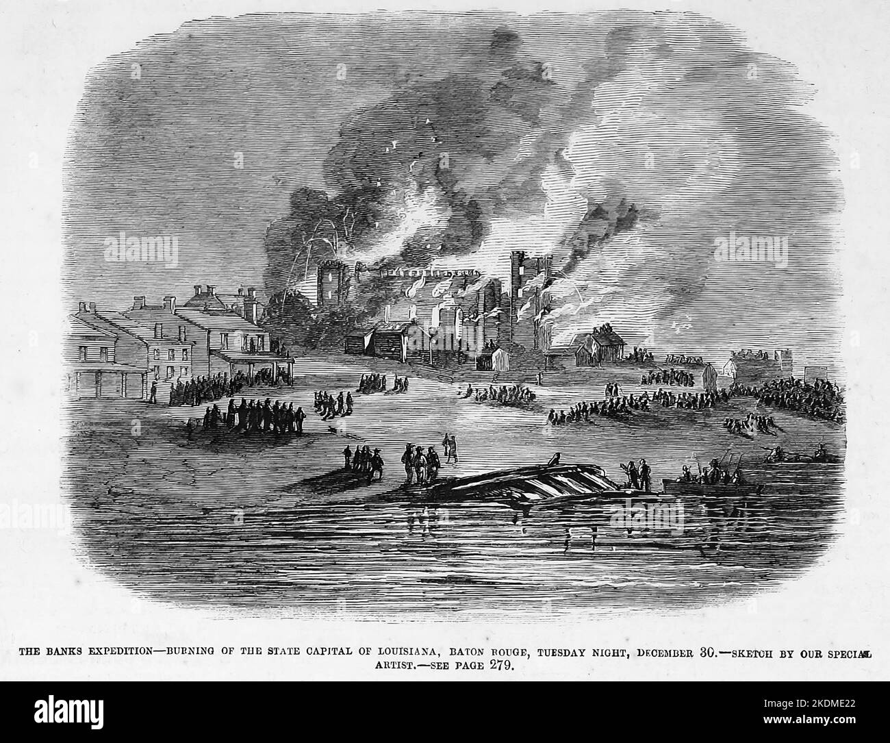 La spedizione delle banche - Burning of the state Capital of Louisiana, Baton Rouge, martedì sera, 30th dicembre 1862. Illustrazione della guerra civile americana del 19th° secolo dal quotidiano illustrato di Frank Leslie Foto Stock