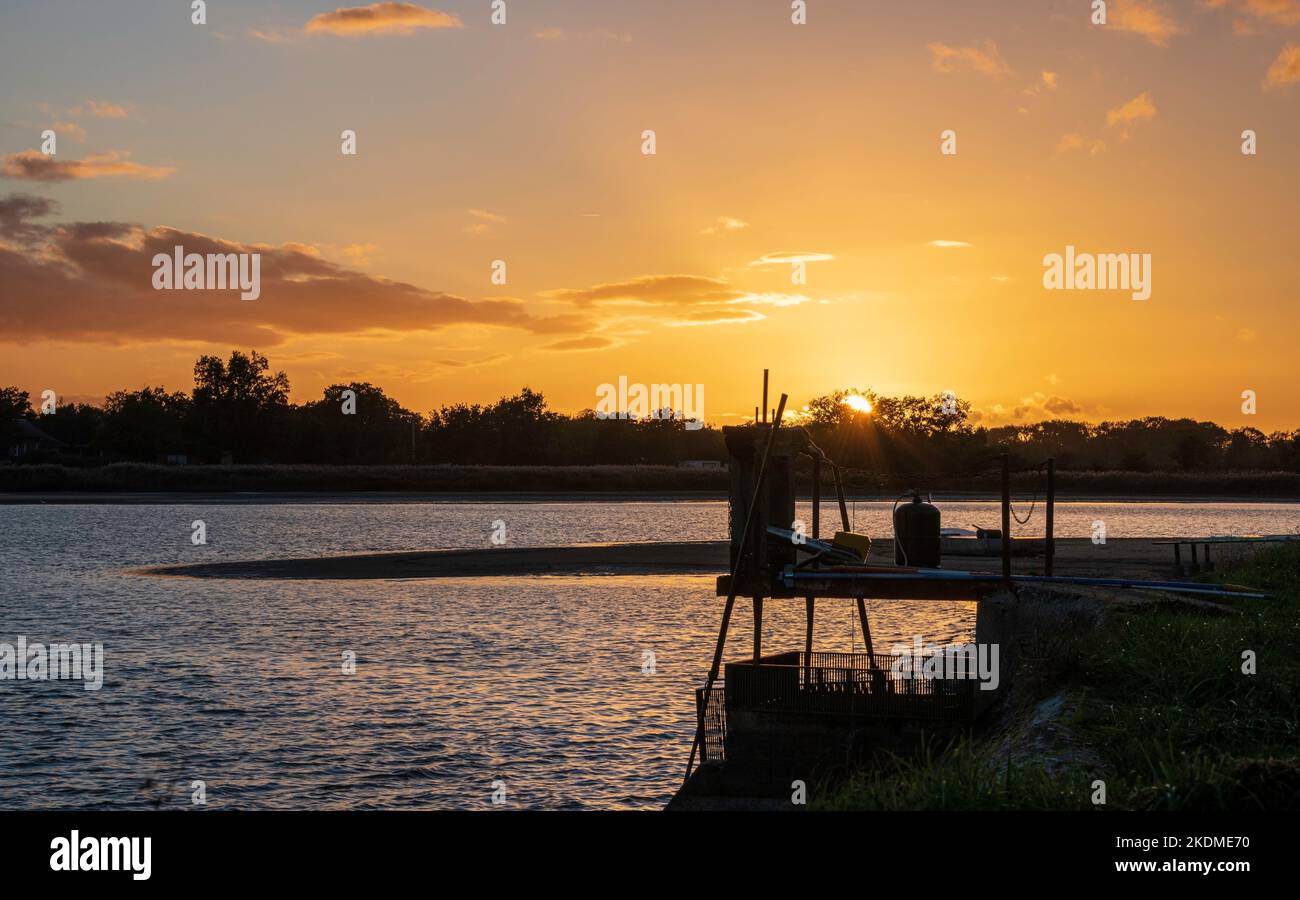 Sistema sonoro per uccelli spaventosi in un allevamento di pesci Foto Stock