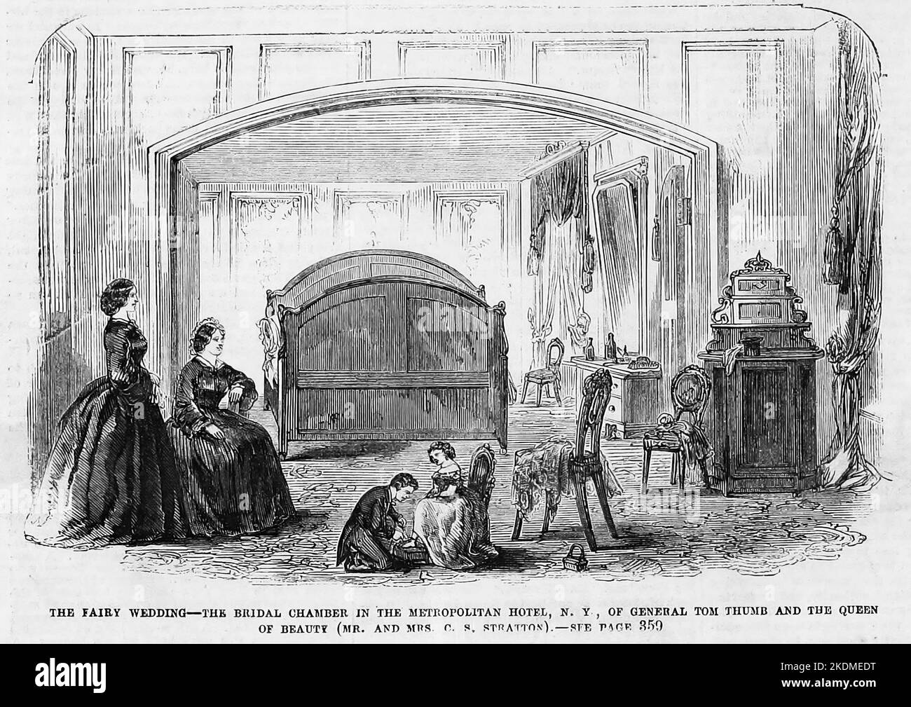 The Fairy Wedding - The bridal Chamber in the Metropolitan Hotel, New York, of General Tom Thumb and the Queen of Beauty, 10th febbraio 1863. Matrimonio di Tom Thumb (Charles Sherwood Stratton) e Lavinia Warren. Illustrazione del 19th° secolo dal quotidiano illustrato di Frank Leslie Foto Stock