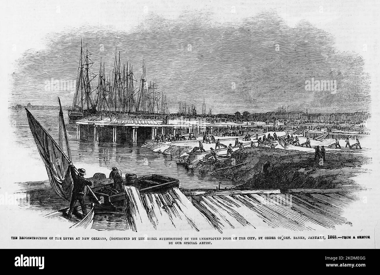 La ricostruzione del levee a New Orleans (distrutta dalle autorità del Rebel), dai poveri disoccupati della città, per ordine del generale Nathaniel Prentice Banks, gennaio 1863. Illustrazione della guerra civile americana del 19th° secolo dal quotidiano illustrato di Frank Leslie Foto Stock