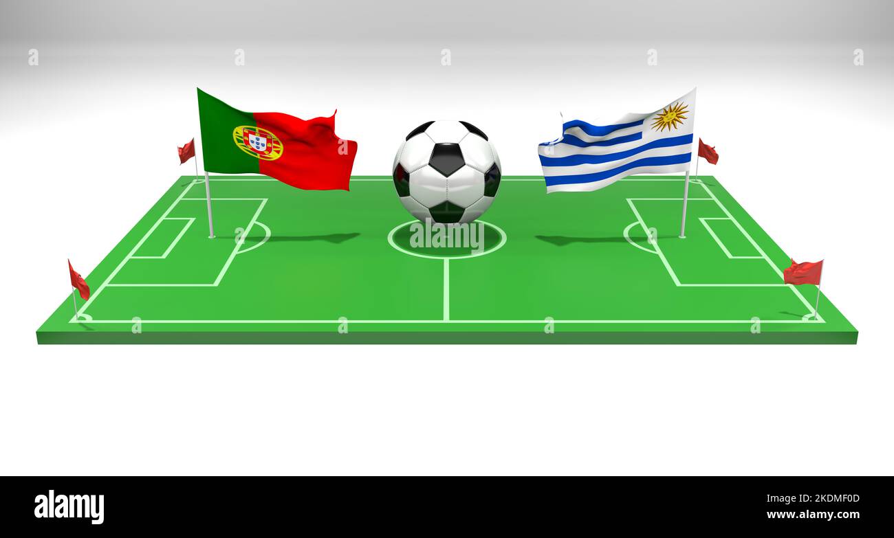 Partita di calcio Portogallo vs Uruguay Coppa del mondo FIFA Qatar 2022, campo di calcio, 3D lavoro e 3D immagine, Yerevan, Armenia - 2022 novembre 07 Foto Stock