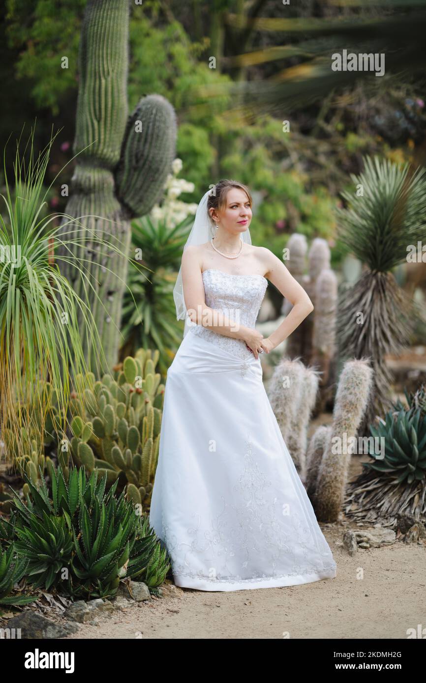 Sposa in piedi in un giardino di Cactus Foto Stock