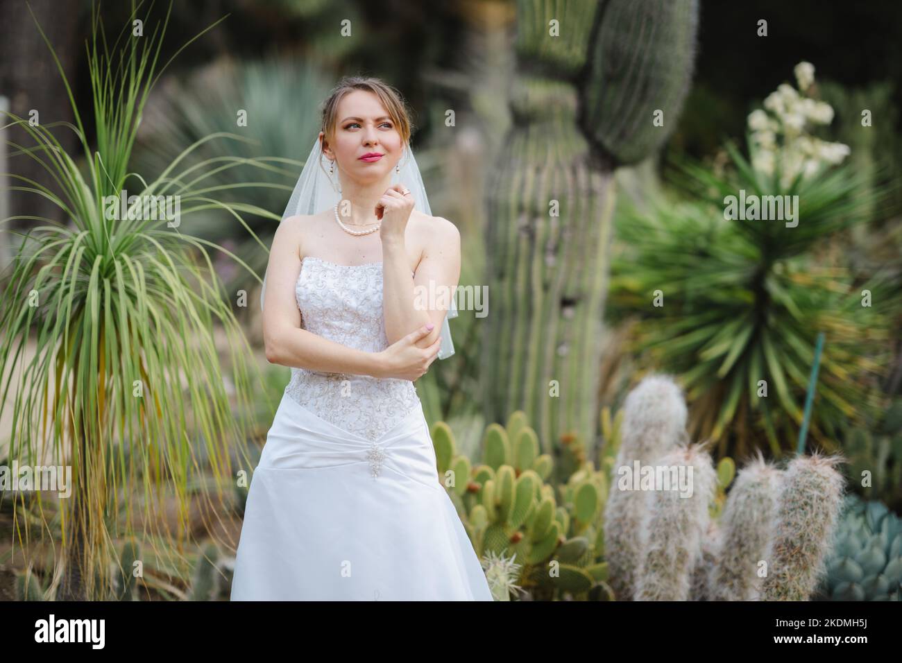 Sposa in piedi in un giardino di Cactus Foto Stock