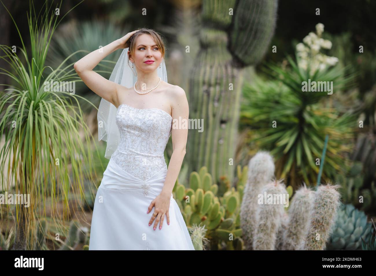 Sposa in piedi in un giardino di Cactus Foto Stock