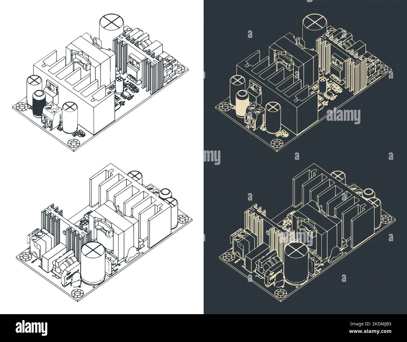 Illustrazione vettoriale stilizzata di schemi isometrici del modulo di alimentazione Illustrazione Vettoriale
