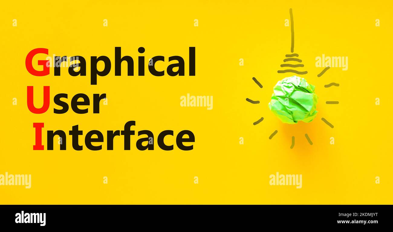 Simbolo dell'interfaccia grafica utente. Interfaccia grafica utente di Concept Words su un bellissimo sfondo giallo. Lampadina. Grafica aziendale e GUI Foto Stock
