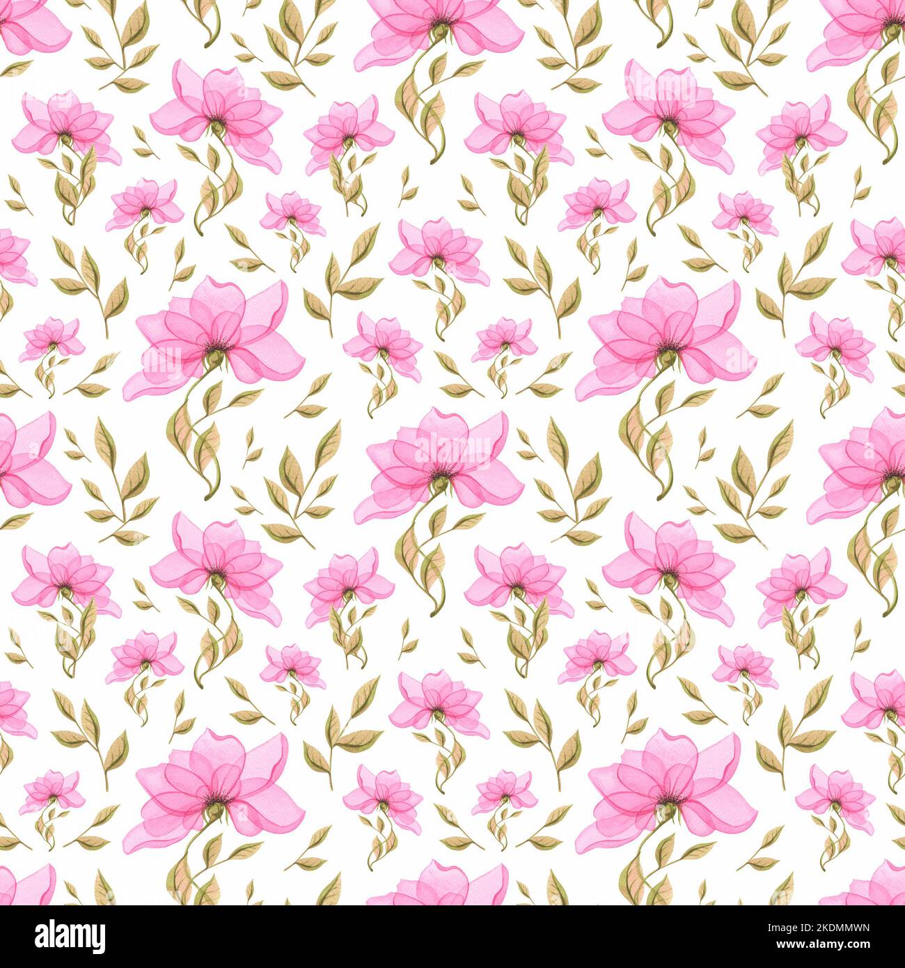 Fiore stilizzato, delicato, rosa con foglie verdi. Motivo senza cuciture, su sfondo bianco, primavera, luce, semplice. Acquerello. Per tessuti, tessuti Foto Stock