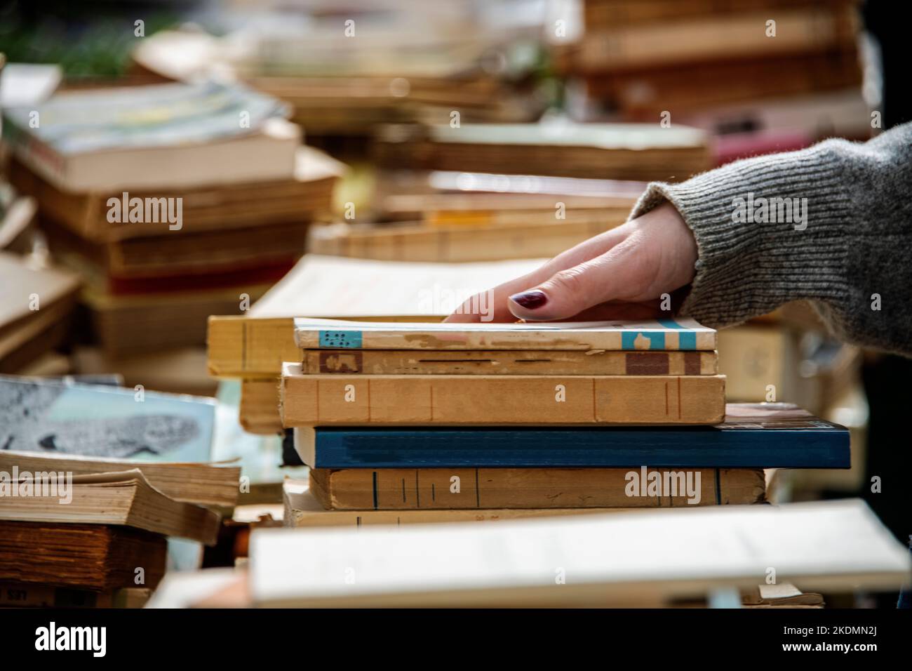 Persona che guarda i libri per acquistare in un negozio di libri Foto Stock