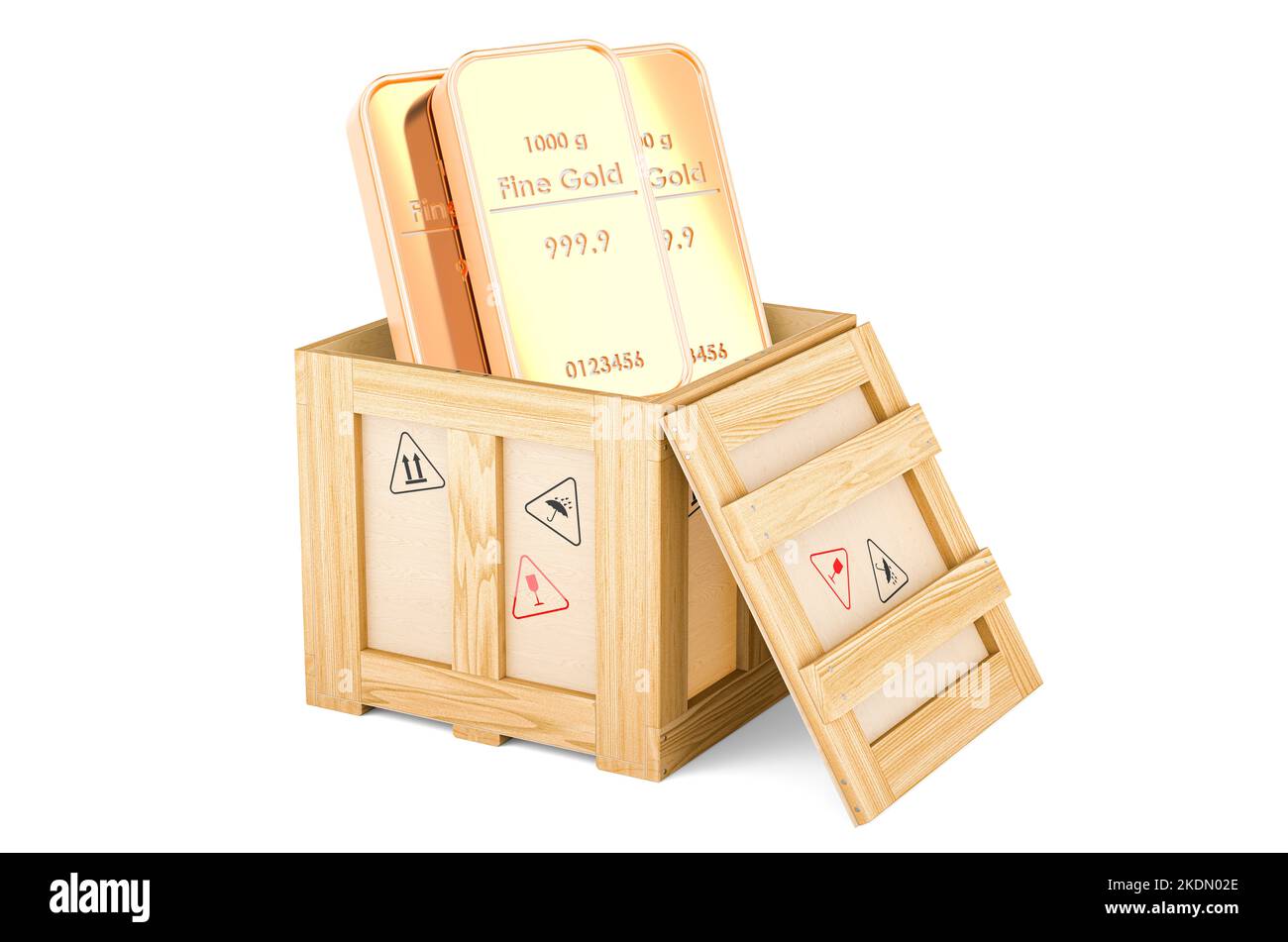 Barrette dorate all'interno della scatola di legno, concetto di consegna. 3D rendering isolato su sfondo bianco Foto Stock