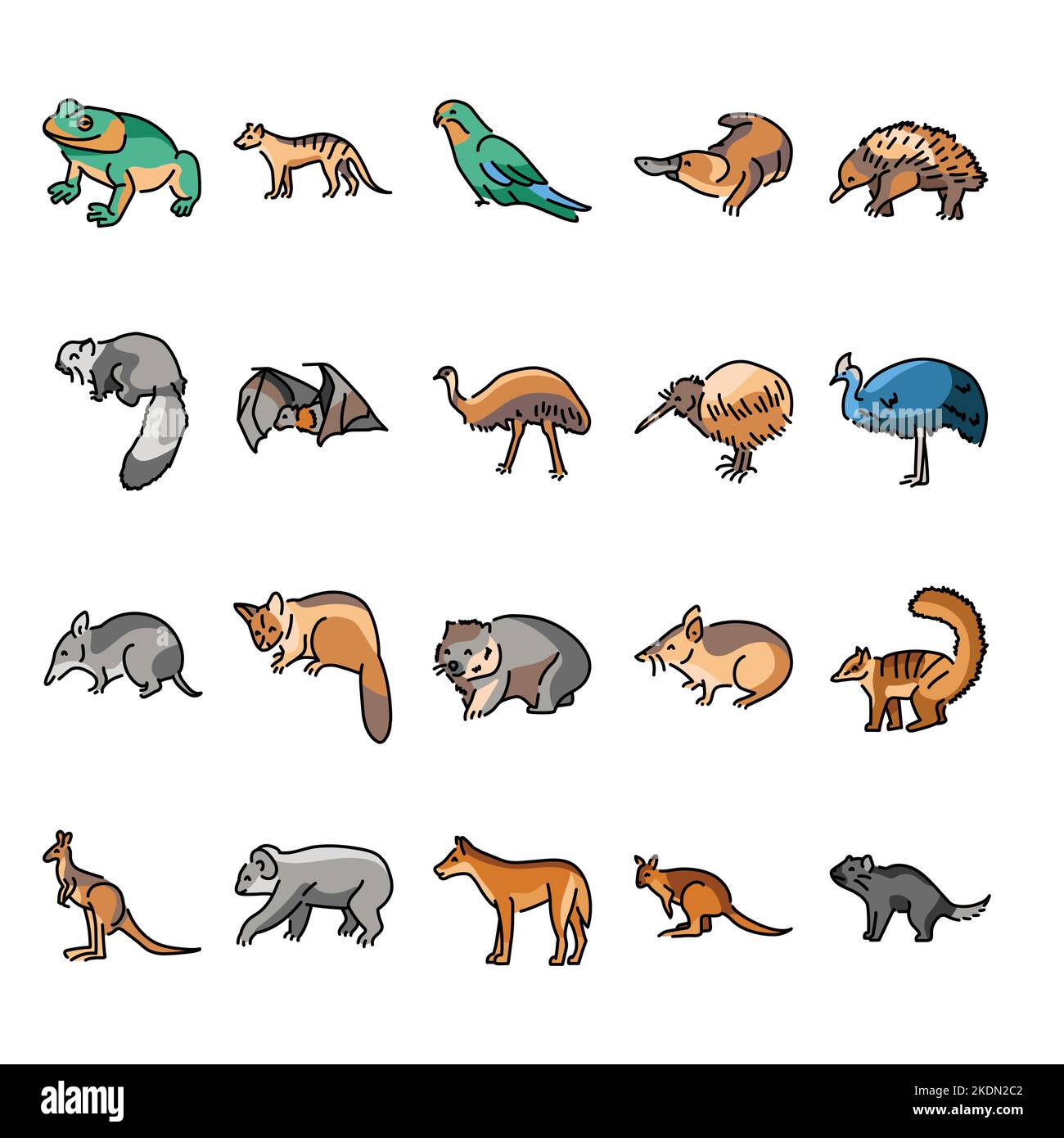 Set di icone a colori per animali australiani. Pittogrammi per la pagina Web Illustrazione Vettoriale