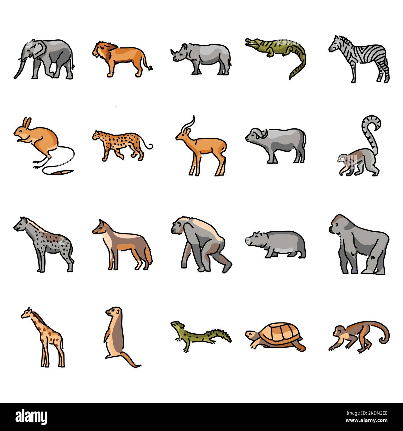 Animali africani icone di linea a colori. Pittogrammi per la pagina Web Illustrazione Vettoriale