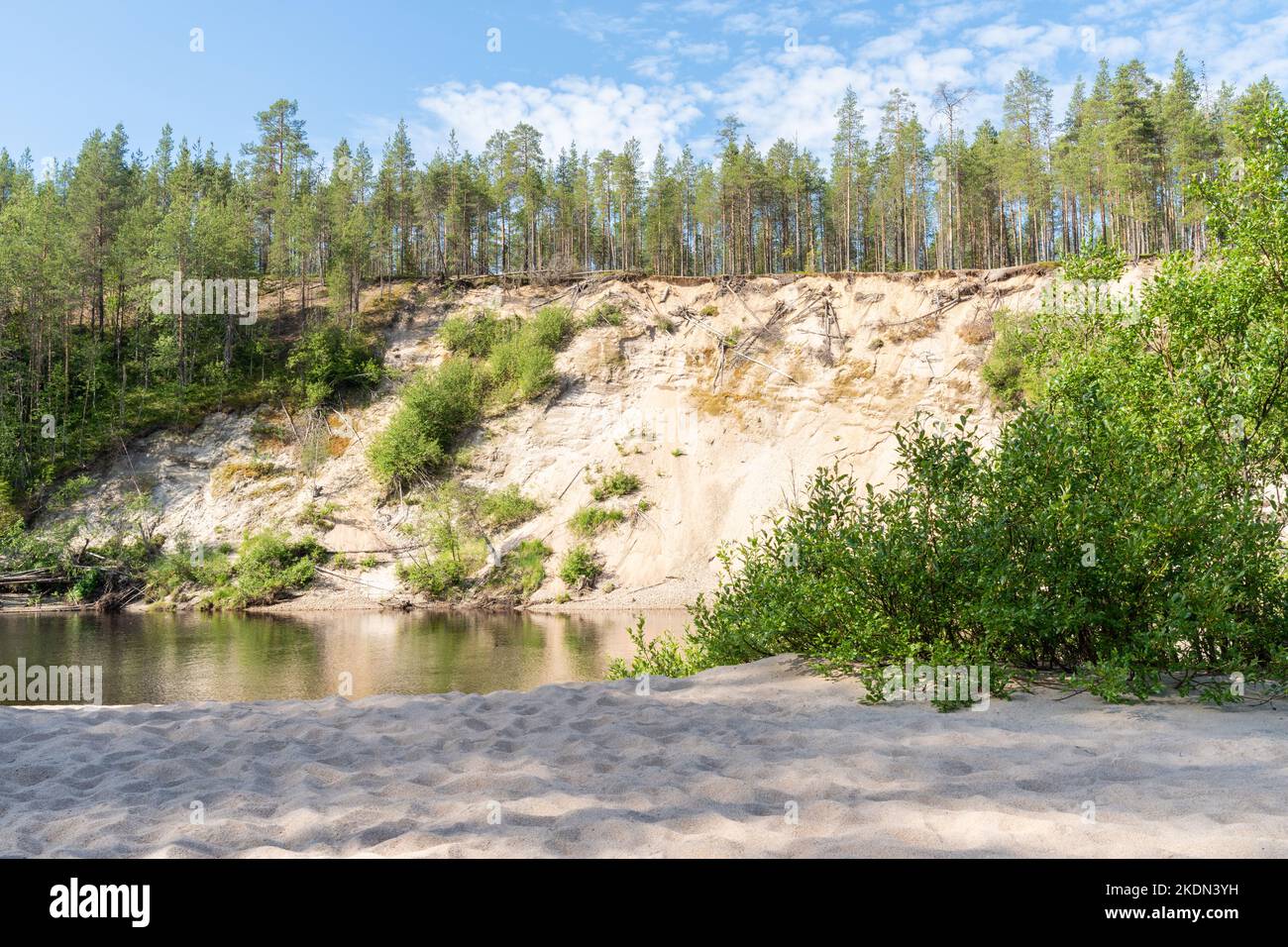 Una ripida riva sabbiosa del fiume in una soleggiata giornata estiva nel Parco Nazionale di Oulanka, nel nord della Finlandia Foto Stock