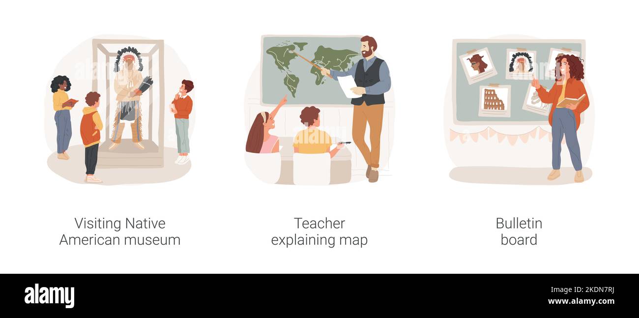 Storia nella scuola media isolato cartoon vettore illustrazione set. Curriculum di studi sociali, visita al museo dei nativi americani, mappa esplicativa dell'insegnante, cartoni animati vettoriali del bollettino di storia. Illustrazione Vettoriale