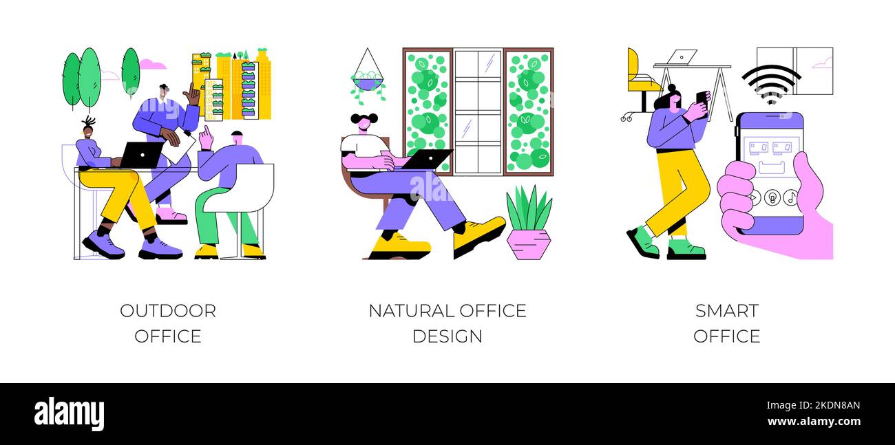 Set di illustrazioni vettoriali per cartoni animati isolati sul luogo di lavoro moderno. Diversi colleghi che lavorano in uffici esterni, design naturale e materiali ecologici, cartoni animati vettoriali per la tecnologia Smart Workplace. Illustrazione Vettoriale