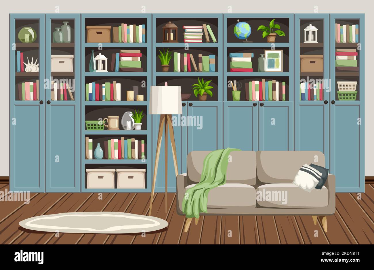 Interno del soggiorno con librerie blu e un divano beige. Design degli interni scandinavo. Illustrazione vettoriale dei cartoni animati Illustrazione Vettoriale