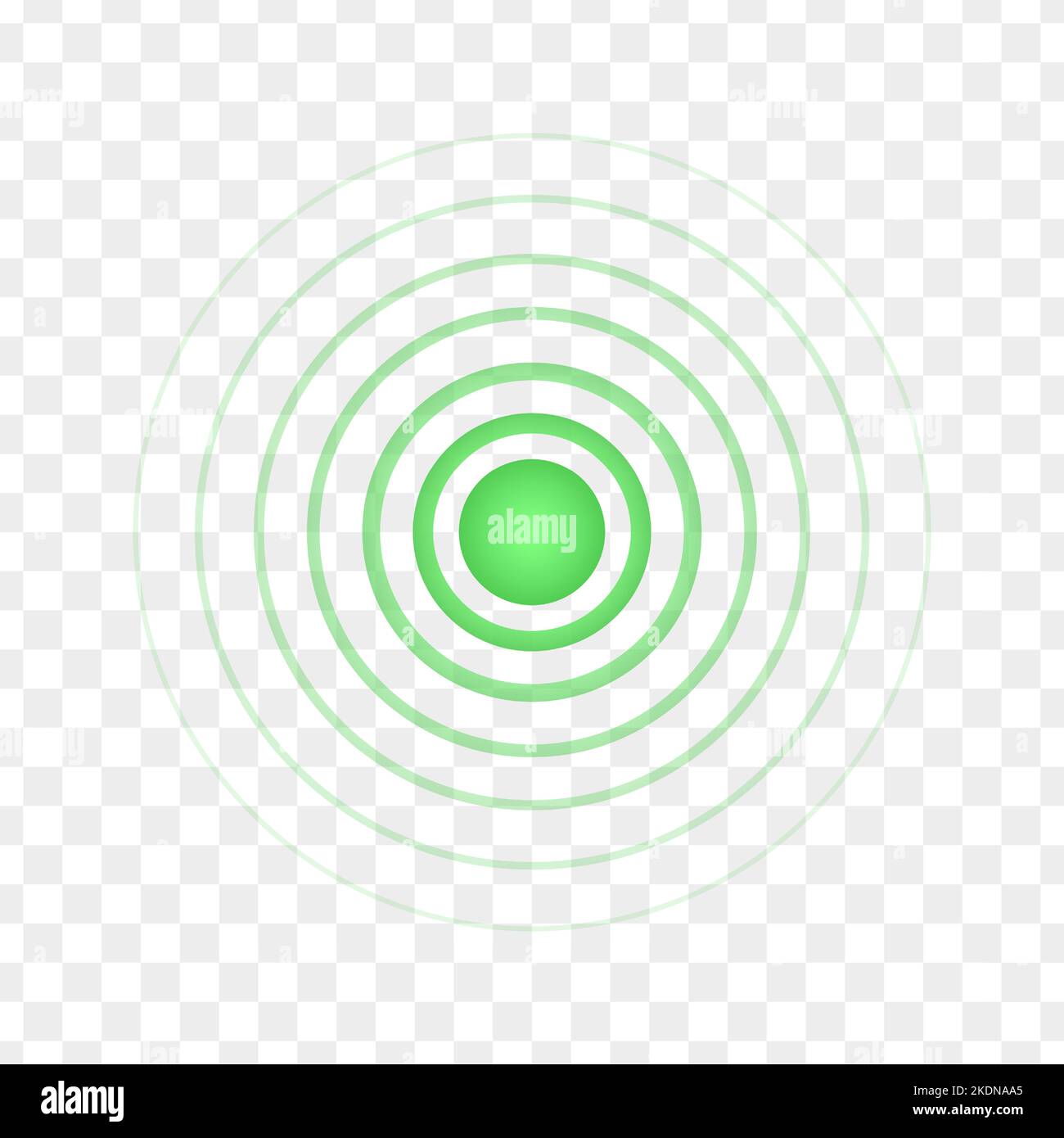 Punto concentrico verde. Simbolo di recupero, guarigione, bersaglio, dolore. Icona di localizzazione rotonda. Segnale radar, audio o onda sonar su sfondo trasparente. Illustrazione vettoriale Illustrazione Vettoriale