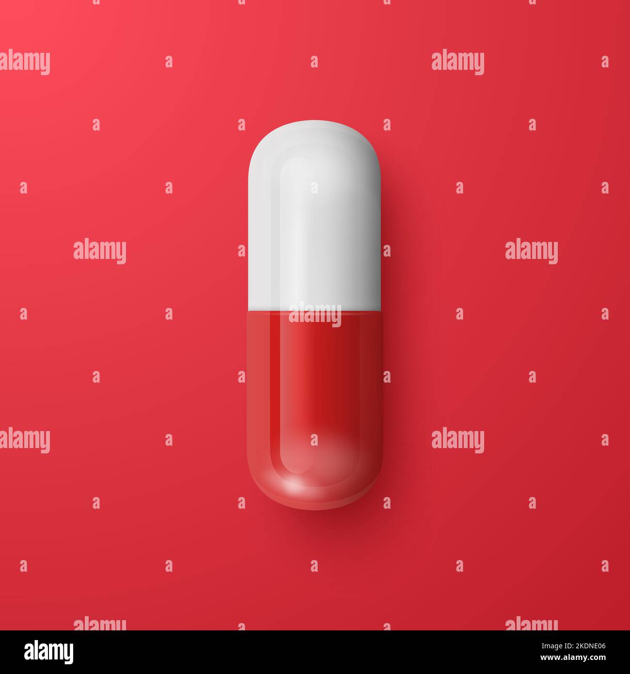 Vector 3D realistico Rosso e Bianco farmaceutico pillola medica, capsula, tablet su sfondo rosso. Vista frontale, dall'alto. Medicina, concetto di salute Illustrazione Vettoriale