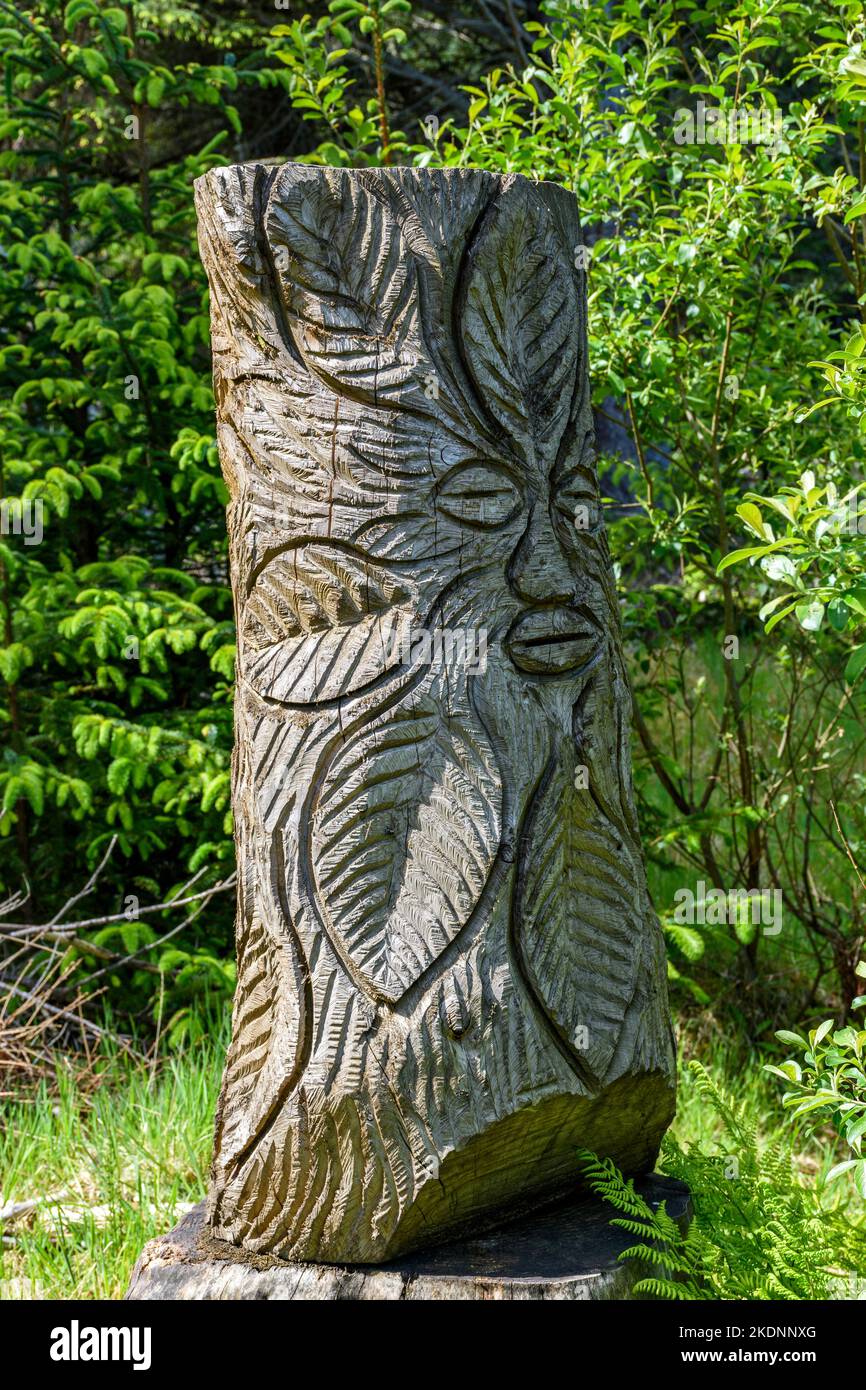 Una scultura in legno nella Dunnet Community Forest, vicino a Castletown, Caithness, Scozia, UK artista sconosciuto. Foto Stock
