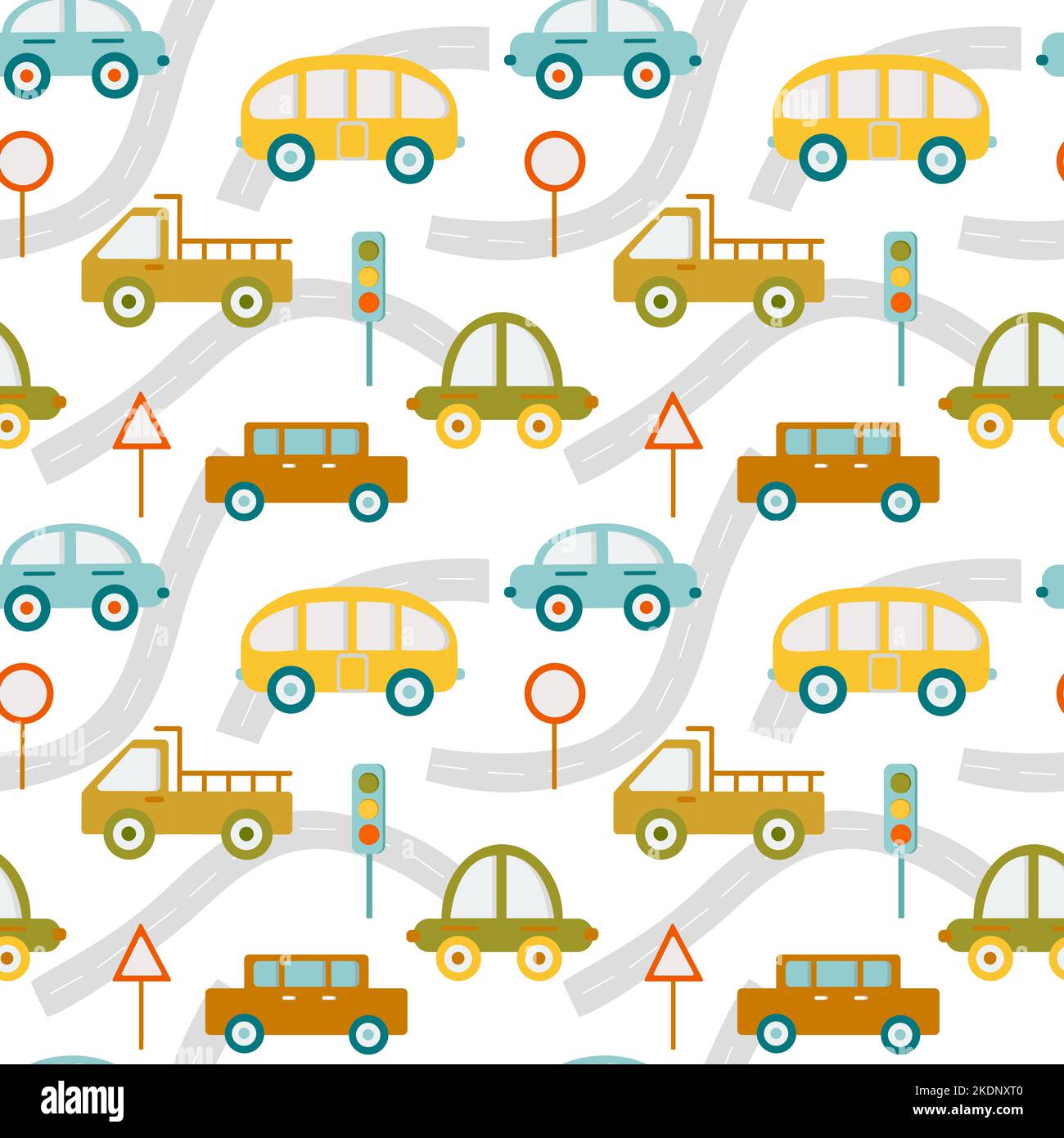 Modello infantile senza cuciture con auto. Tessuto texture, wrapping, tessile, abbigliamento Illustrazione Vettoriale