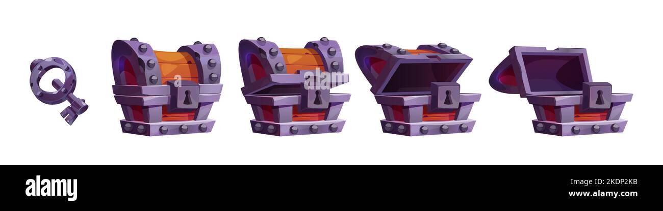 Premio a livello di gioco per le casse chiave e tesoro, bottino pirata. Animazione con apertura a scatola di legno vuota, Trofei rari per monete, gemme o cristalli fantasy asset, elementi gui Cartoon vettoriale illustrazione, set Illustrazione Vettoriale