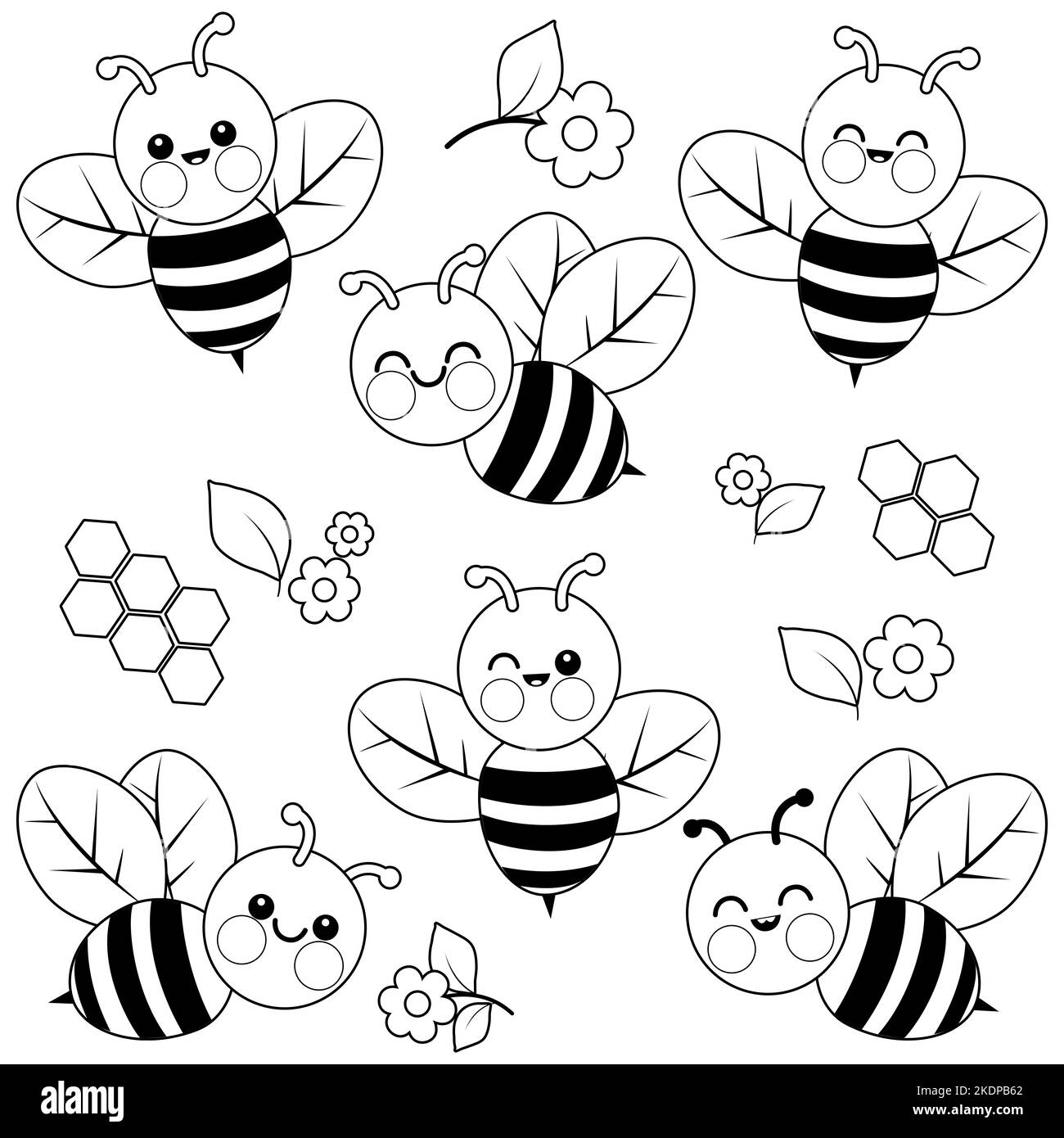 Collezione di api carine. Pagina da colorare in bianco e nero Foto Stock